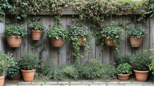 Hanging pots with greenery adorn a wooden fence in a serene garden setting