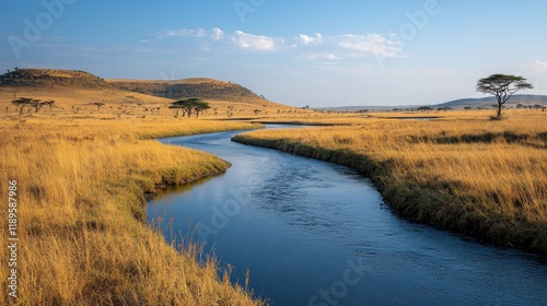 Serene river winding through golden grasslands with distant mountains under a...
