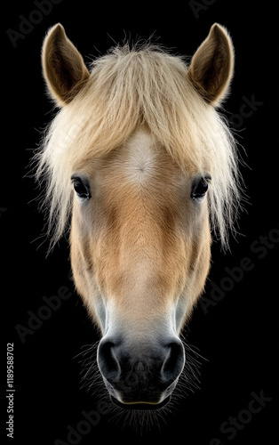 Striking portrait of a horse's face isolated against a dark background, showcasing its expressive features, refined elegance, and minimalistic lighting for a fine art aesthetic photo