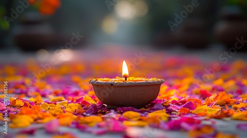 Beautifully lit diya surrounded by colorful flower petals and spices during f...