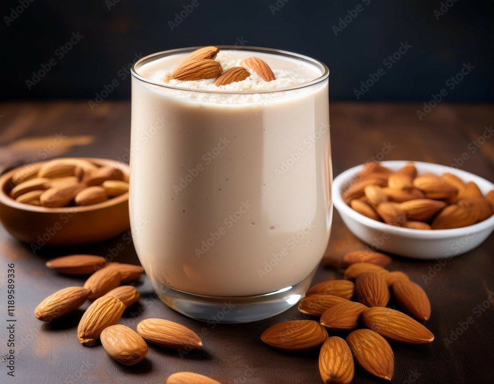 a delicious and creamy protein shake made with almond a delicious and creamy protein shake made with almond