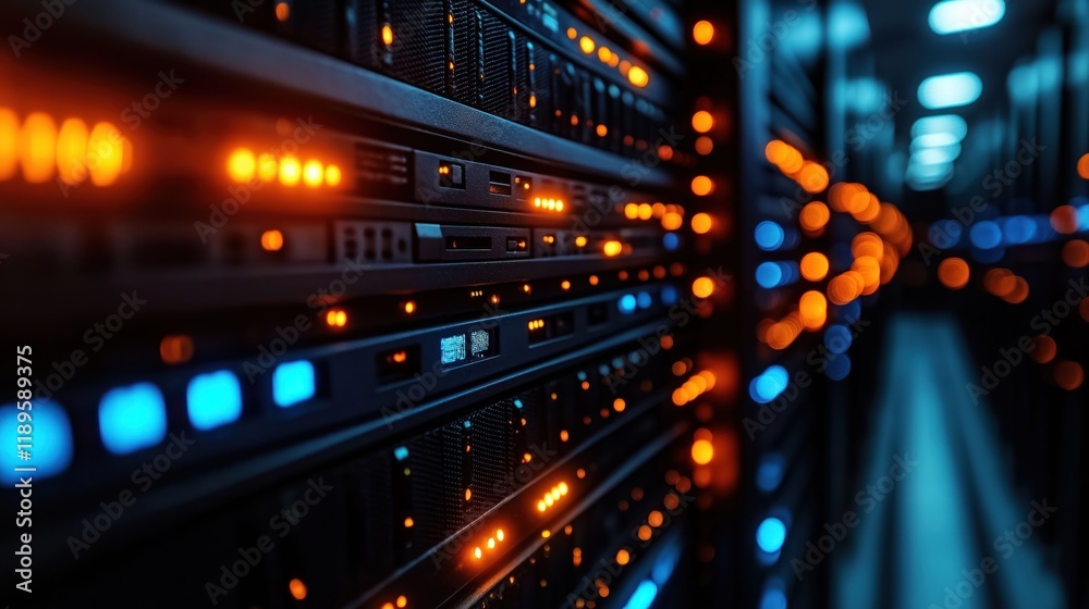 Close-up view of server racks in data center. Orange, blue lights illuminate tech infrastructure. Modern server hardware highlighted. Data center environment advanced tech. Futuristic, efficient Close-up view of server racks in data center. Orange, blue lights illuminate tech infrastructure. Modern server hardware highlighted. Data center environment advanced tech. Futuristic, efficient