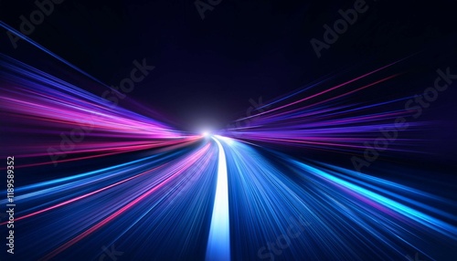 abstract background with blue and purple light streaks on black speed motion on a night road
