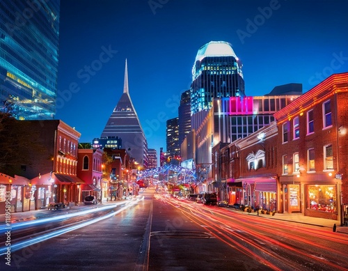 a bustling city street in nashville tennessee illuminated by vibrant neon signs and streetlights at night