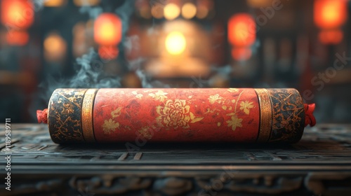 Decorative red scroll with floral pattern resting on an antique wooden table ...