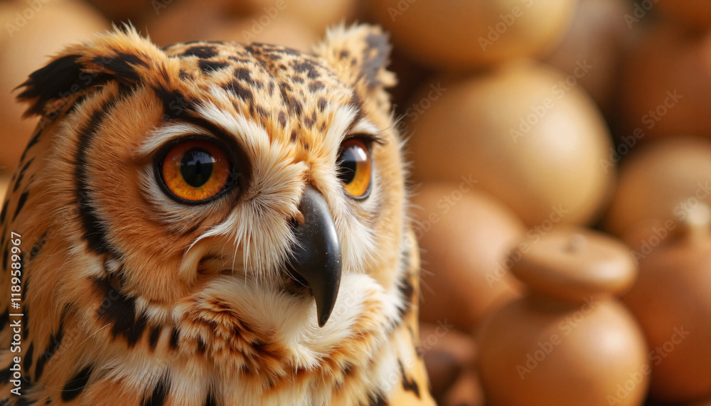 Obraz premium Detailed owl wood carving close-up at craft fair, traditional artistry