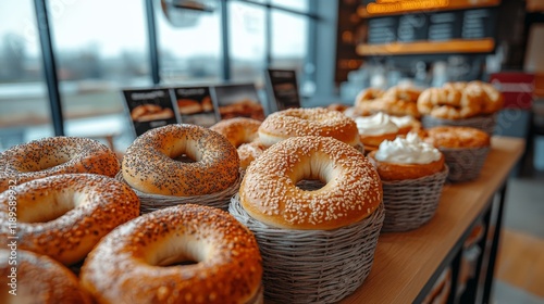 Freshly baked bagels displayed in a modern caf with inviting atmosphere and t...