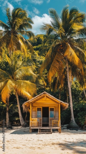 Palm trees surround a cozy beach hut in a tropical paradise at sunset