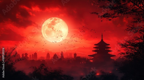 Blood red moon over silhouetted cityscape and pagoda.
