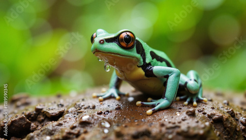 Vibrant poison arrow frog perched on rock in rainforest, nature's beauty photo