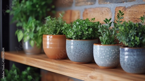 Potted herbs on wooden shelf against rustic brick wall in cozy indoor setting
