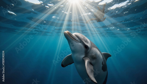 Bottlenose dolphin communicating in deep ocean, aquatic intelligence photo