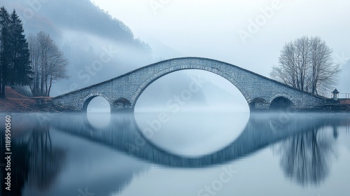 Serene stone bridge shrouded in morning mist reflecting in quiet waters of tr...