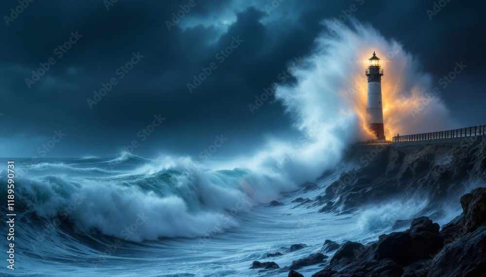 Lighthouse Standing Firm Against a Powerful Storm with Crashing Waves Under a Dark Sky Lighthouse Standing Firm Against a Powerful Storm with Crashing Waves Under a Dark Sky