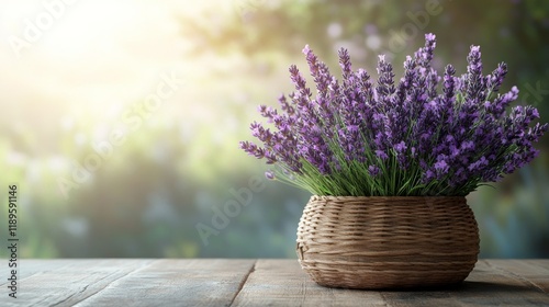 Lavender plants in a woven basket on a table with a natural green background
