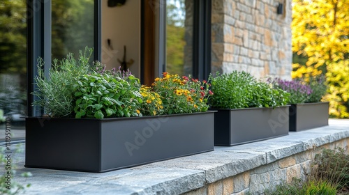 Vibrant garden planters with flowers and herbs in modern outdoor space during...
