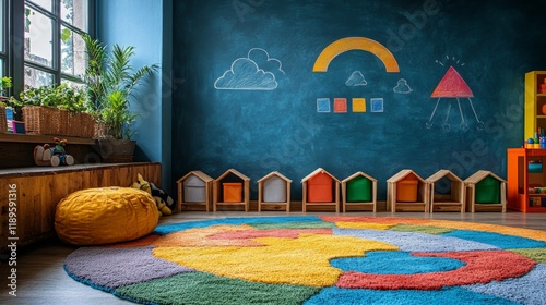Colorful geometric shapes display in a rustic classroom setting with a wooden...