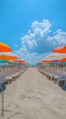 Colorful umbrellas line a sandy beach under a bright sun with palm trees in t...