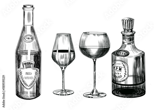 bottle and glass of wine,Black and white drawing,