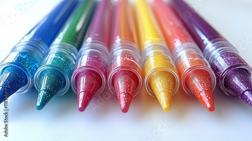 Brightly colored markers arranged in a neat row on a white surface