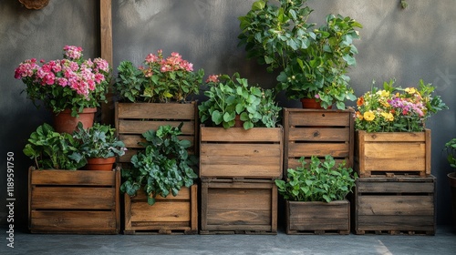 Colorful flower and vegetable garden setup with wooden planters against a gre...