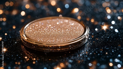 Shimmering gold powder in a round container on a reflective surface with spar...