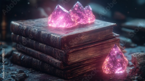 Magical crystals and ancient books create a mystical atmosphere in a serene f...