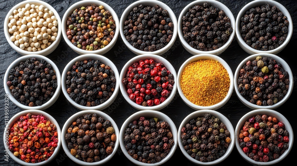 Spices arranged neatly in ceramic bowls, showcasing a colorful array of flavors and aromas in a harmonious presentation. Spices arranged neatly in ceramic bowls, showcasing a colorful array of flavors and aromas in a harmonious presentation.