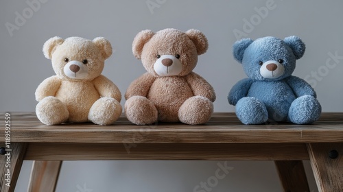 Soft and cuddly teddy bears arranged on a wooden table in a cozy indoor setting