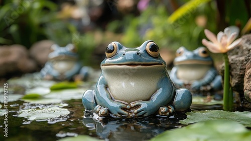 Decorative ceramic frogs resting on rocks near a tranquil garden stream durin...