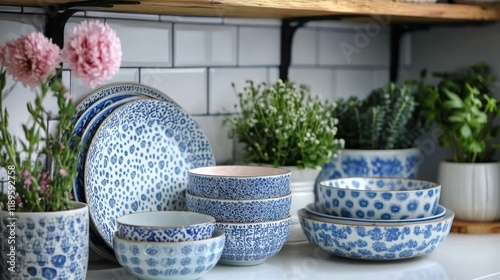 Beautifully crafted ceramic bowls displayed on a countertop in a cozy kitchen...