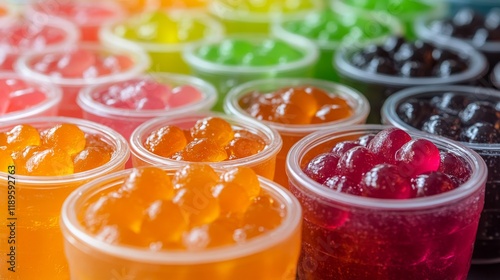 Colorful assortment of jellies in clear cups arranged on a table