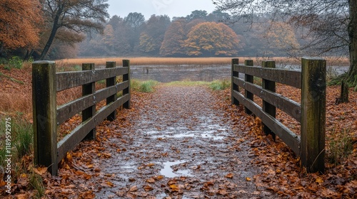 Beautiful autumn scenery with a wooden bridge over a quiet lake surrounded by...