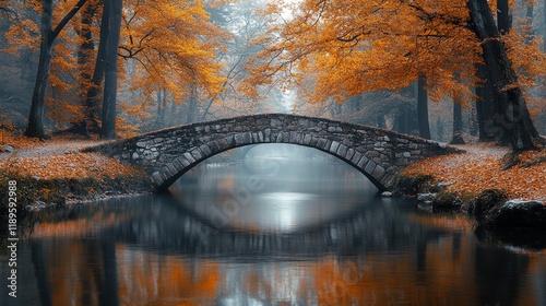 Tranquil morning light on stone bridge reflecting in calm water at park