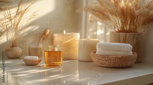 Relaxing spa setting with natural oils and towels in a bright, soothing envir...
