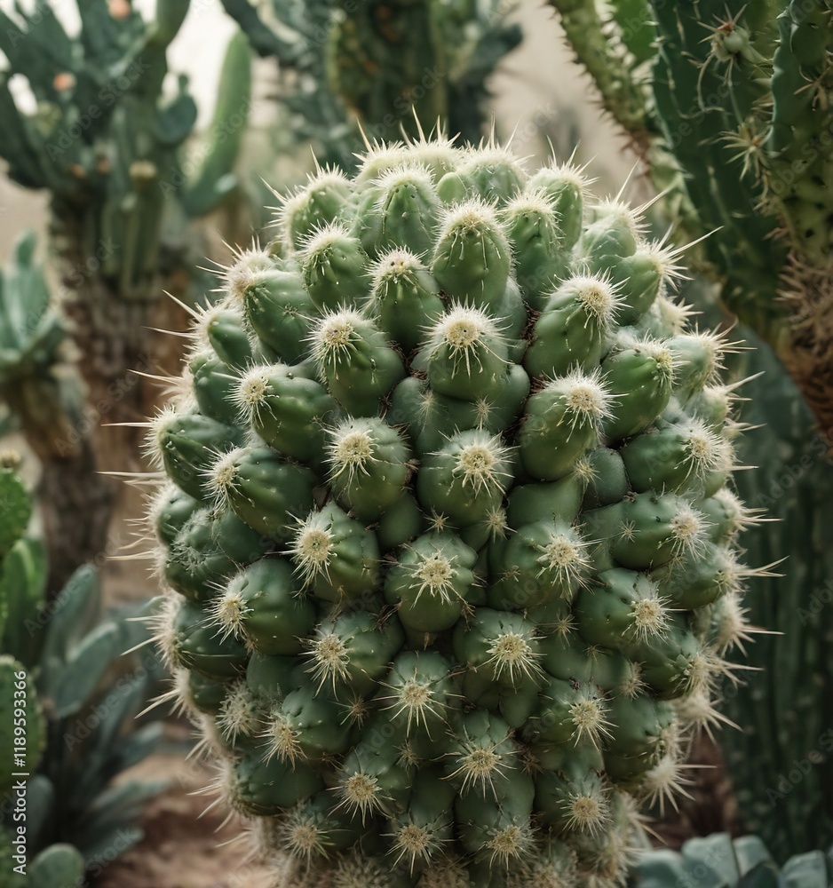 Prickly cactus plant with a unique, twisted shape and large, green and white spines, landscape, cactus Prickly cactus plant with a unique, twisted shape and large, green and white spines, landscape, cactus