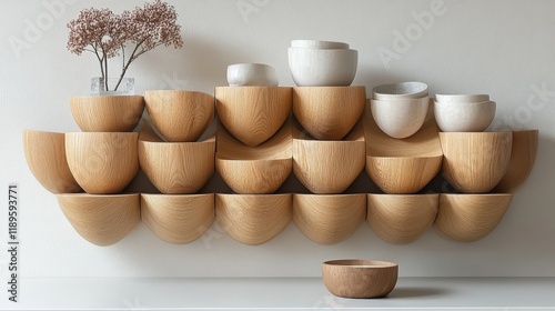Vibrant indoor plant arrangement with wooden shelves and various herbs and fl...