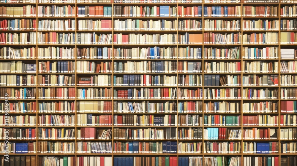 Extensive library bookshelves filled with diverse volumes. Knowledge, research, education concept Extensive library bookshelves filled with diverse volumes. Knowledge, research, education concept