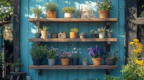 Colorful flower pots arranged on wooden shelves against a blue wall in a gard...