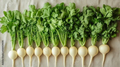 Freshly harvested radishes with vibrant green tops arranged neatly on a white...