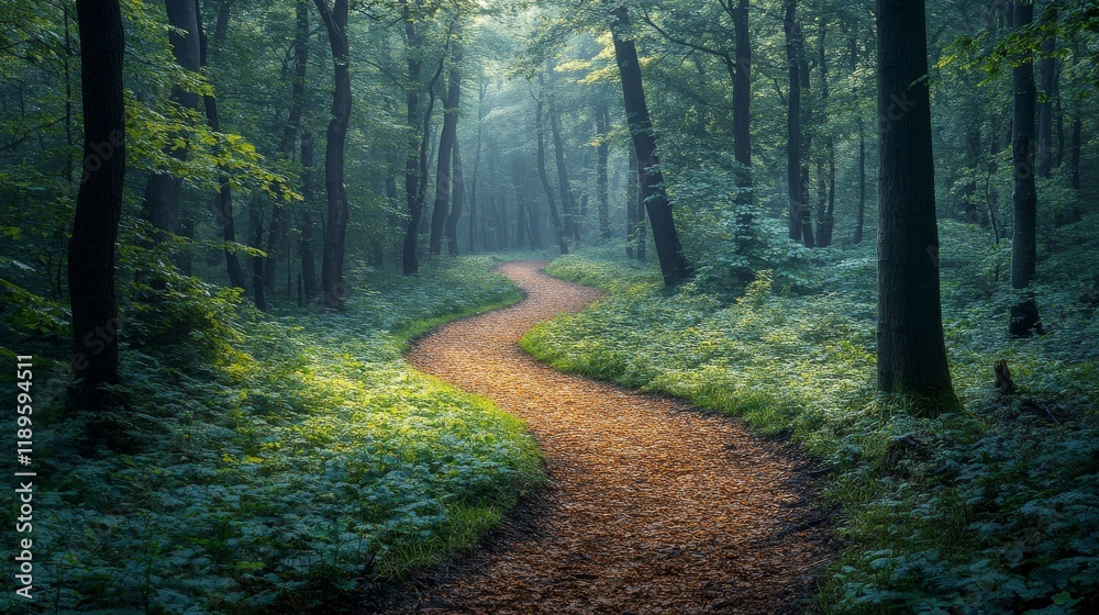 Obraz premium Winding path through a serene forest in early morning light