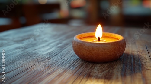 Candle flickers gently in warm light during sunset, creating a serene atmosph...