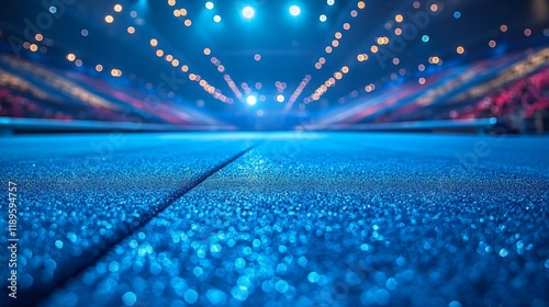 Brightly lit indoor sports facility with blue flooring and spacious layout