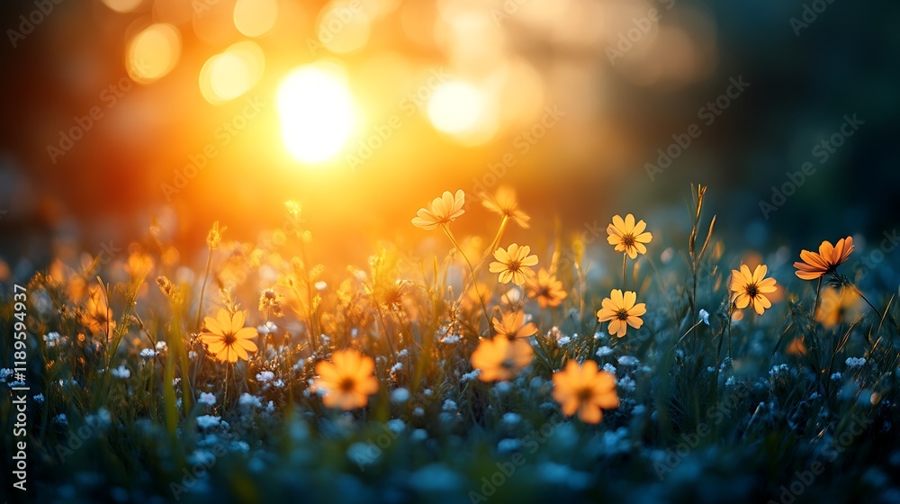 Sunset illuminating wildflowers in a field. Sunset illuminating wildflowers in a field.
