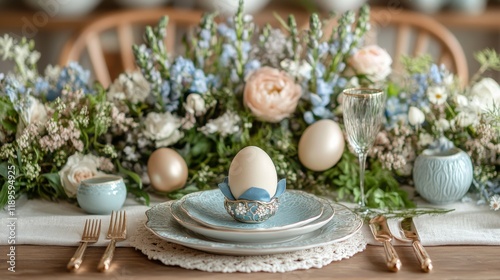 Elegant Easter table setting with pastel decorations and floral arrangements ...
