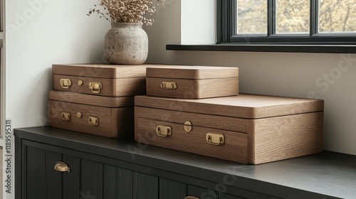 Wooden boxes with brass handles placed on a rustic wooden shelf among green p...