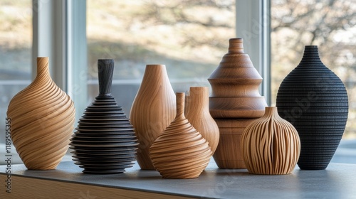Unique wooden and stone bowls arranged on a modern surface in a stylish inter...