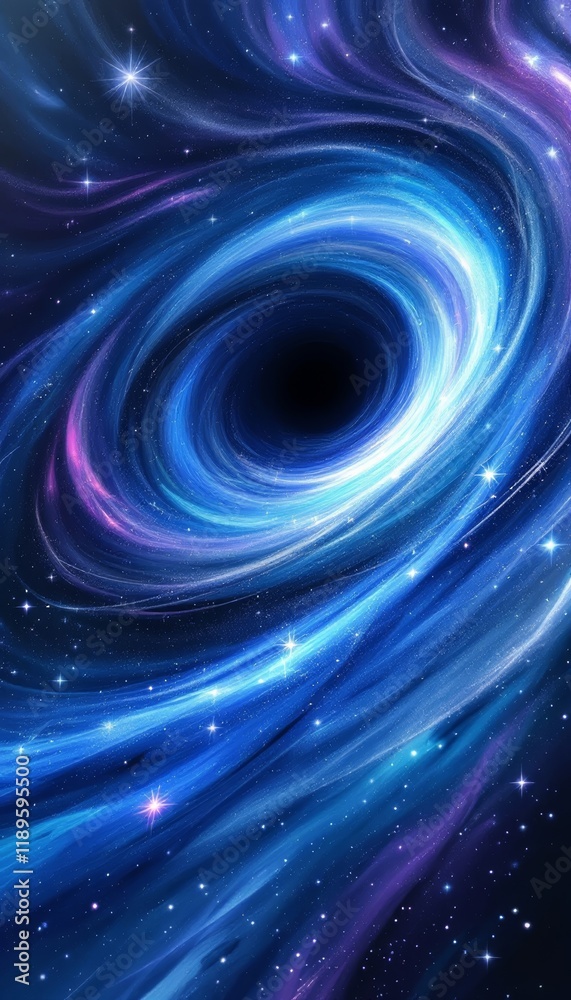 Obraz premium A cosmic vortex of swirling blues and purples with a dark hole at the center surrounded by stars
