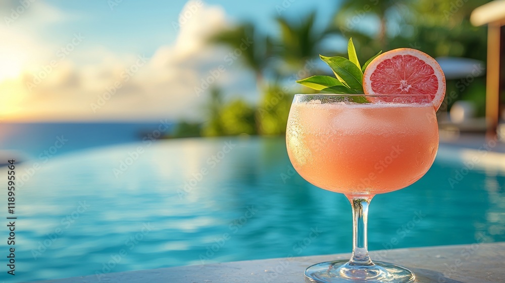Obraz premium A detailed image of a cocktail on a poolside, garnished with a fruit slice, with a blue water backdrop, capturing a refreshing Labor Day ambiance