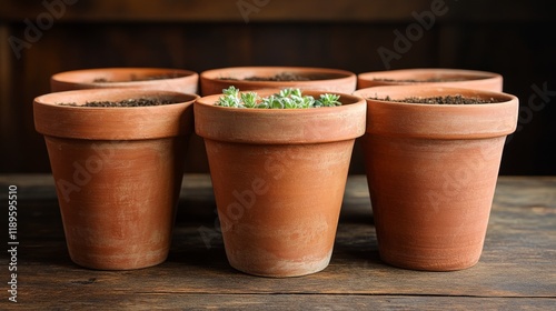 Potted herbs in clay pots arranged on a rustic wooden table in a cozy indoor ...